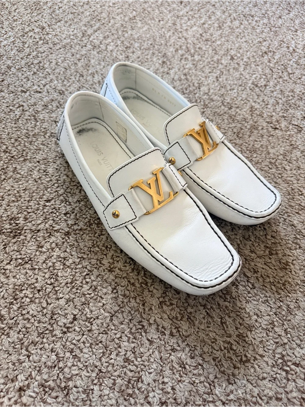Louis Vuitton White Leather Loafers with Gold LV Hardware